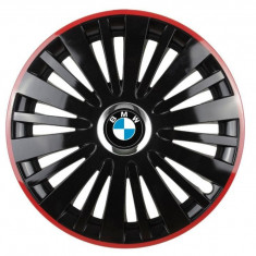 Set 4 capace roti Red/Black cu inel cromat pentru gama auto BMW, R16