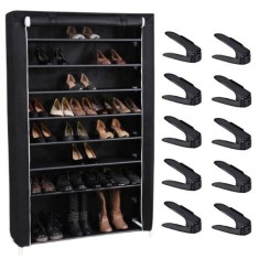 Organizator pentru Pantofi cu 9 Rafturi, Material Textil si 20 Suporti pentru Incaltamine Reglabili in 3 Pozitii
