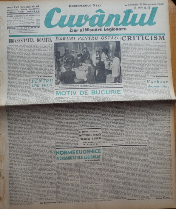 Cuvantul, ziar al miscarii legionare, 21 decembrie 1940, nr. 69
