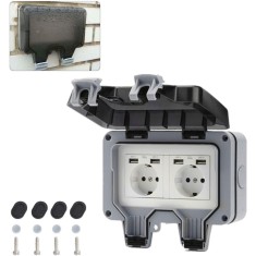 Priza dubla de exterior, policarbonat, cu USB, impermeabila IP66, accesorii instalare, alb/gri