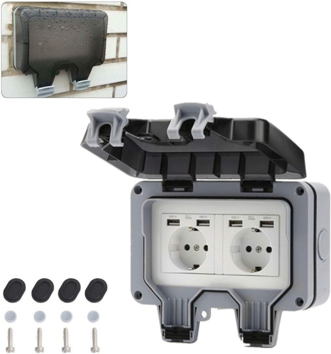 Priza dubla de exterior, policarbonat, cu USB, impermeabila IP66, accesorii instalare, alb/gri