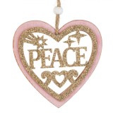 Ornament Brad Crăciun Lemn, Model Inimă, Glitter Bej, Roz, Mesaj Peace, 10cm, Oem