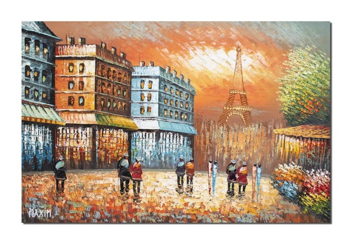 Tablou pictat manual, Paris turnul Eiffel, 90x60cm ulei pe panza in cutit efect 3D