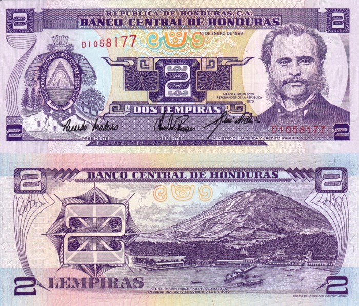 HONDURAS 2 lempiras 1993 UNC!!!