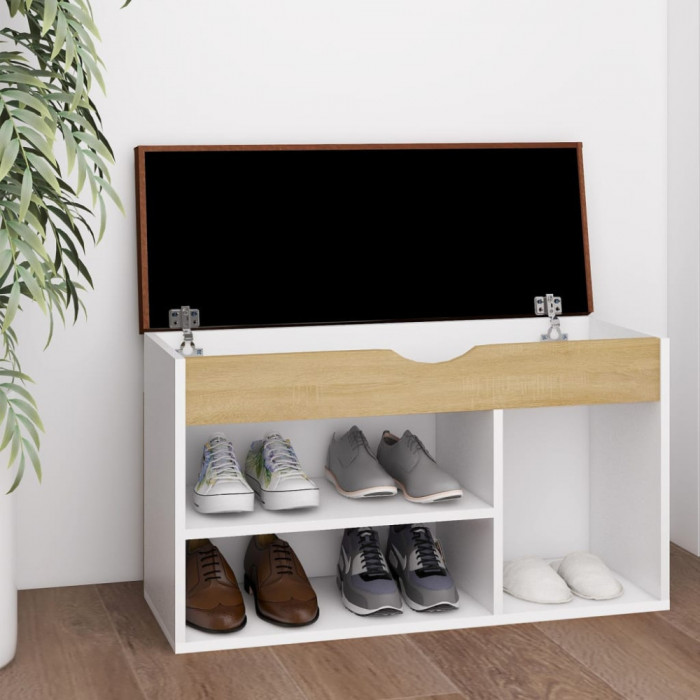 Pantofar cu perna, alb/stejar sonoma 80x30x47 cm lemn prelucrat GartenMobel Dekor