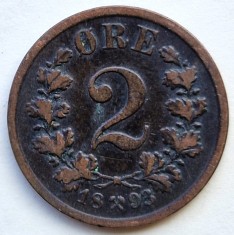 Norvegia 2 ORE 1893 moneda din bronz km # 353 tiraj mic regele OSCAR II