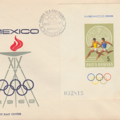 1968 Romania, FDC Jocurile Olimpice de Vara Mexico (colita nedantelata), LP 681