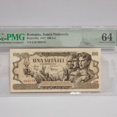 BANCNOTA UNC 100 LEI 1947 GRADATA PMG 64 - SERII CONSECUTIVE foto