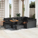 VidaXL Set de canapea de grădină , 12 piese, cu perne, Negru, din rattan și poliester, Acacia