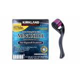 Minoxidil Kirkland 5% + Dermaroller, 6 luni aplicare, Tratament pentru barba si scalp 0.5 mm