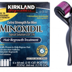 Minoxidil Kirkland 5% + Dermaroller, 6 luni aplicare, Tratament pentru barba si scalp 0.5 mm