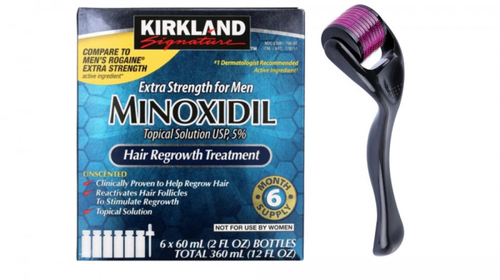 Minoxidil Kirkland 5% + Dermaroller, 6 luni aplicare, Tratament pentru barba si scalp 0.5 mm