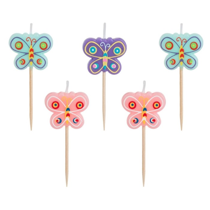 Set Lum&acirc;nări Zi de Naștere, Fluturi, 5 Bucăți, Parafină, Multicolor