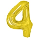 Balon din folie metalizata flippy, figurina cifra, tema aniversare 100 cm, ambalaj individual, pai inclus, umflare cu aer sau heliu, auriu, cifra 4
