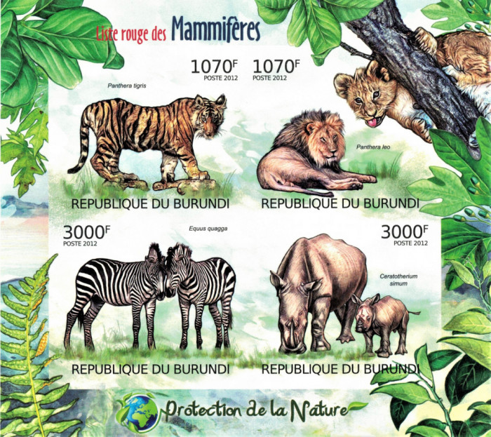 BURUNDI 2012 - Fauna, mamifere protejate/ set complet - colita + bloc MNH