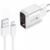 Incarcator Retea cu cablu Lightning OEM PD001C, Quick Charge, Afisaj, 20W, 1 X USB - 1 X USB Tip-C, Alb