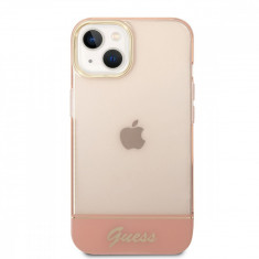 Husa de protectie telefon Guess pentru iPhone 14, Camera Outline and Logo Script, Plastic, Roz