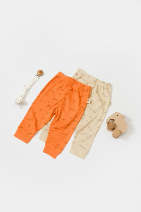 Set 2 pantalonasi Printed, BabyCosy, 50% modal+50% bumbac, Stone/Apricot (Marime: 3-6 Luni)