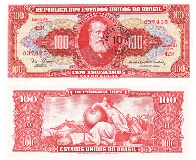 Brazilia 10 Centavos pe 100 Cruzeiros 1966-67 P-183a aUNC foto