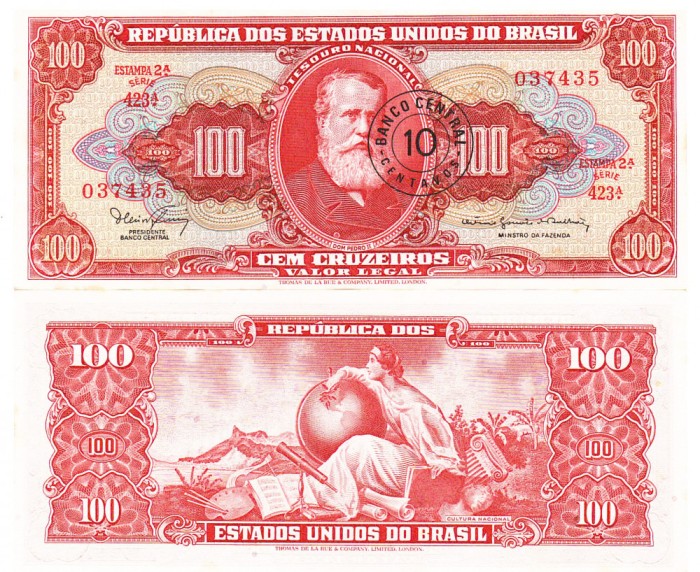 Brazilia 10 Centavos pe 100 Cruzeiros 1966-67 P-183a aUNC