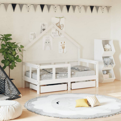 vidaXL Cadru de pat copii cu sertare, alb, 70x140 cm, lemn masiv pin foto
