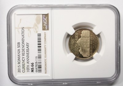 50 BANI 2015 MS66 . 10 ANI DE LA DENOMINARE . SECOND TOP POP . foto