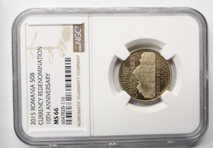 50 BANI 2015 MS66 . 10 ANI DE LA DENOMINARE . SECOND TOP POP .