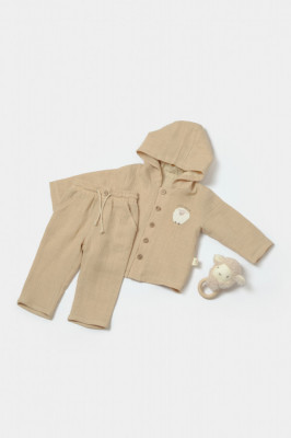 Set bluza cu gluga si pantaloni, Winter muselin, 100% bumbac - Apricot, BabyCosy (Marime: 6-9 luni) foto