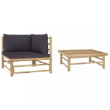 Set Mobilier Gradina Bambus 2 Piese, Perne Gri Inchis, Canapea Colt, Masa