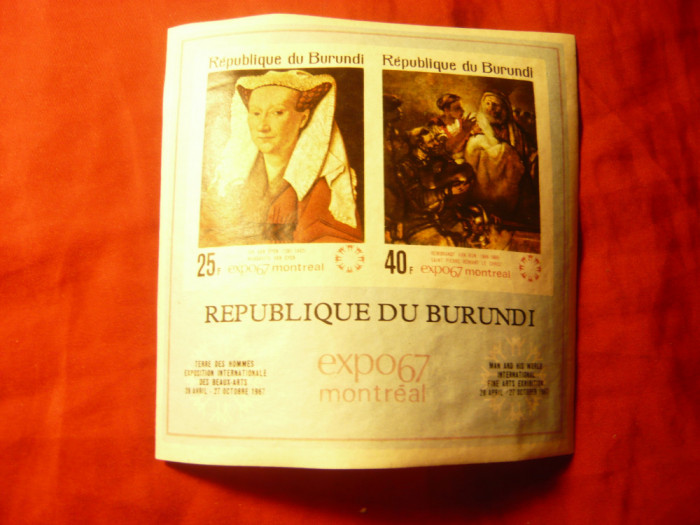 Bloc Burundi 1967 - Expo&#039;67 Montreal , nedantelat ,cu 2 val. pictura
