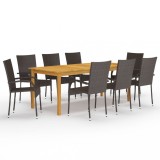 Cumpara ieftin Set mobilier gradina Gossi, 9 piese, maro, lemn acacia, otel, ratan, 8 locuri, dreptunghiular