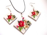 set bijuterii lemn cu flori ciclam 41183