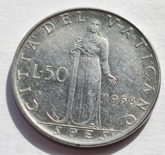 264. Moneda Vatican 50 lire 1958 (AN) (tiraj 60.000 buc) (Al 260-lea Papa Pius al XII-lea) foto