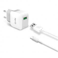 Incarcator Celly USB-A, Incarcare Rapida, 12W, Cablu USB-A to USB-C, Culoare Alb