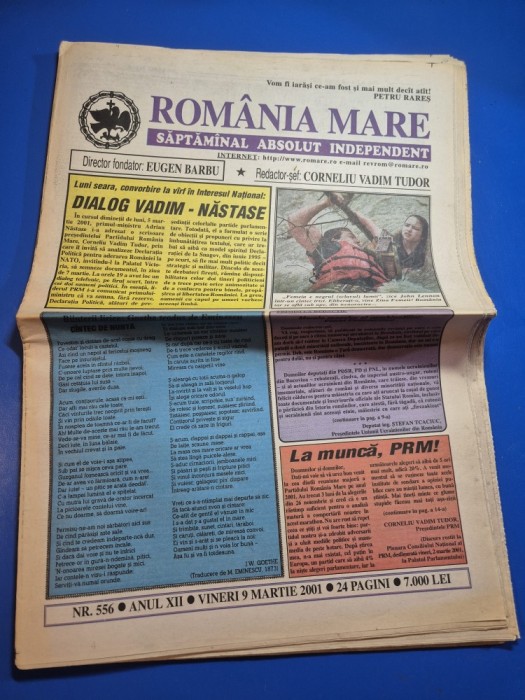 ziarul romania mare 9 martie 2001 - redactor sef corneliu vadim tudor