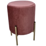 Taburet rotund roz din catifea, cu picioare metalice aurii, 28x42 cm
