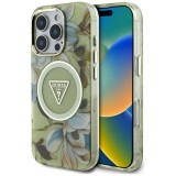Husa pentru iPhone 16 Pro - Guess IML Metal Glitter Flowers Triangle MagSafe (GUHMP16LHFLPEDN) - Green