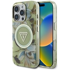 Husa pentru iPhone 16 Pro Max - Guess IML Metal Glitter Flowers Triangle MagSafe (GUHMP16XHFLPEDN) - Green