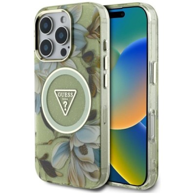 Husa pentru iPhone 16 Pro Max - Guess IML Metal Glitter Flowers Triangle MagSafe (GUHMP16XHFLPEDN) - Green foto