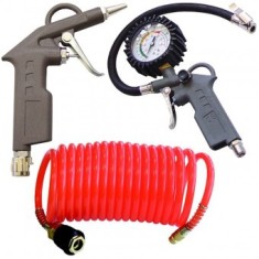 Set 3 accesorii pentru compresor, pistol suflare, pistol cu manometru si furtun spiralat 5 m