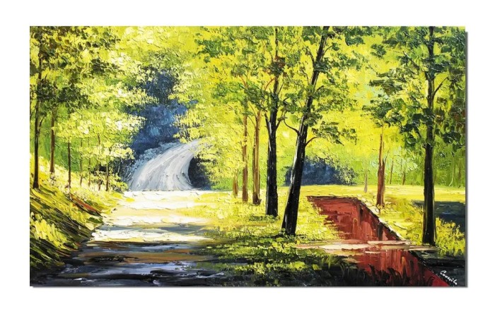 Tablou peisaj din padure pictat manual in cutit, Oaza de liniste, 100x60cm ulei pe panza efect 3D, Spectaculos