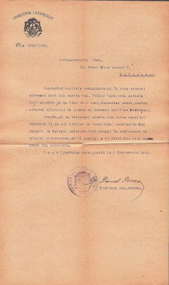 A3341N Concediu acordat de Episcopia Lugojului lui Romulus Mioc pentru exercitarea funcției de primar Petroșani, 1925, semnat olograf de Daniel Fireza foto