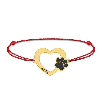 Paw Lover - Bratara personalizata inimioara si labuta din argint placat cu aur galben 24K - snur foto