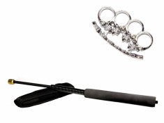 Set baston telescopic flexibil negru 47 cm + pumnal/box craniu argintiu