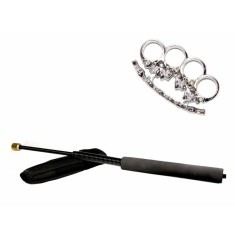 Set baston telescopic flexibil negru 47 cm + pumnal/box craniu argintiu