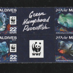 Maldives 2016-WWF,Fauna,Pesti,Papagal verde,serie 4 val. ,MNH,Mi.6200-6203