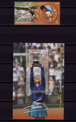 RO 2018 ,LP 2209+a ,&amp;quot;Simona Halep , un campion de marca&amp;quot;, serie+ colita 764 ,MNH foto