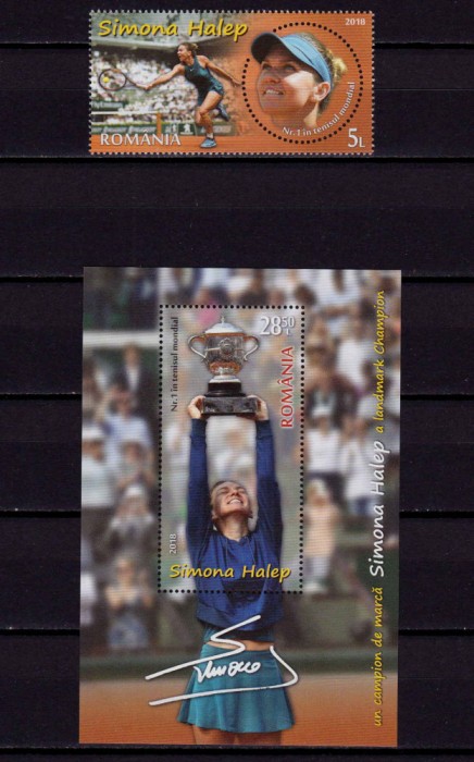 RO 2018 ,LP 2209+a ,&quot;Simona Halep , un campion de marca&quot;, serie+ colita 764 ,MNH