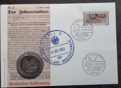 GERMANIA - FDC SI MONEDA 5 MARK 1984 D, 150 ANI UNIUNEA VAMALA, MONEDA PROOF foto