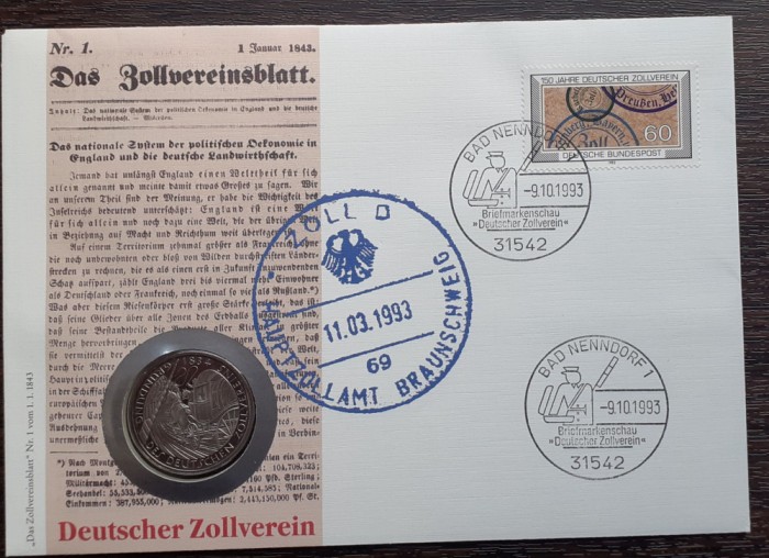 GERMANIA - FDC SI MONEDA 5 MARK 1984 D, 150 ANI UNIUNEA VAMALA, MONEDA PROOF